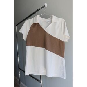 IZOD‎ XFG Cool FX Golf Polo Womens L White Brown Hexagon Short Sleeve